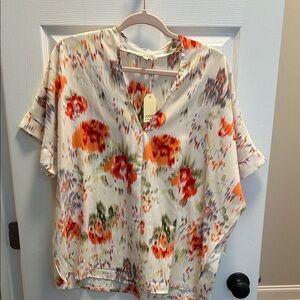 NWT! JODIFL Orange and Cream Floral Blouse